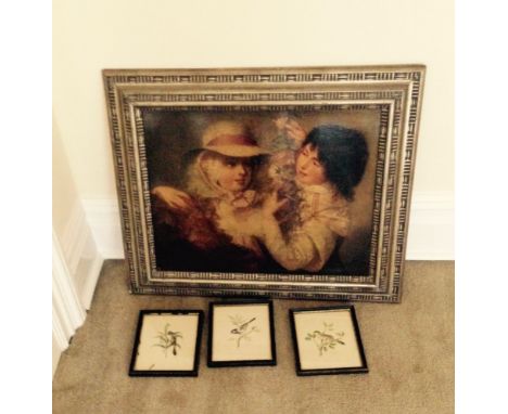 A Medici print on board and three prints of birds