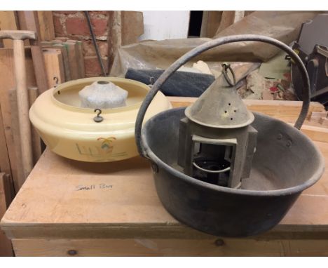 Miscellay inc. 2 glass light shades, brass lamp and brass jam pan