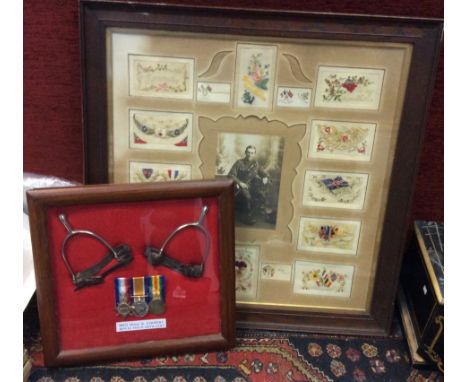 World War 1 service medals for Driver R Farmery Royal Field Artillery with his photo framed with cards sent to his mother fro