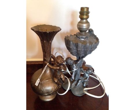 French Art Nouveau pewter lamp and spelter vase by Charles Perron (1862-1934)