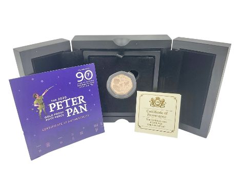 Queen Elizabeth II Isle of Man 2020 'Peter Pan' gold proof fifty pence coin, cased with certificate