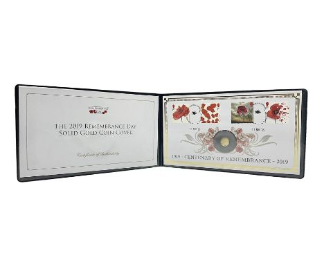 Queen Elizabeth II Alderney 2019 ‘Centenary of Remembrance’ 9ct solid gold coin cover, cased in Jubilee Mint folder with cert