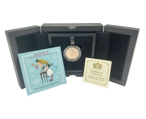 Queen Elizabeth II Isle of Man 2021 'Alice's Adventures in Wonderland' gold proof fifty pence coin, cased with certificate