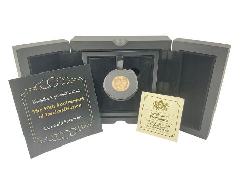 Queen Elizabeth II Isle of Man 2021 'The 50th Anniversary of Decimalisation' gold proof full sovereign coin, cased with certi