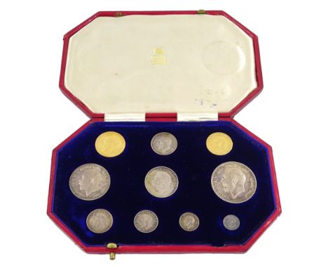 King George V 1911 proof short coin set, comprising gold half sovereign and sovereign, silver maundy money set, sixpence, shi