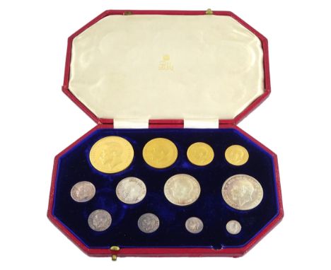 King George V 1911 proof long coin set, comprising gold half sovereign, sovereign, two pounds and five pounds, silver maundy 