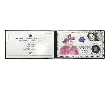 Queen Elizabeth II 2022 Solomon Islands one-tenth of an ounce 22 carat gold proof coin cover 'Queen Elizabeth II's Platinum J