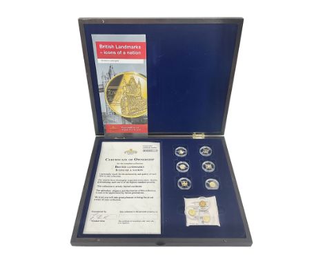 Nine miniature gold coins including 2017 ‘British Landmarks’ collection comprising six 14ct 0.5 gram coins, with certificates