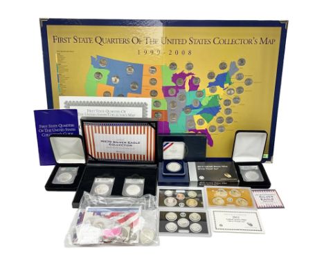 United States of America coinage, including 1922 silver peace dollar, 2021 'Silver Proof Set', 2022 'ANACS MS70 Inaugural Str