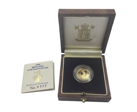 Queen Elizabeth II 1995 gold proof 1/10 ounce Britannia coin, cased with certificate