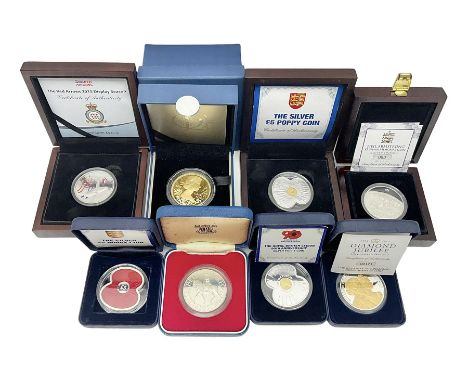 Eight silver coins, including Queen Elizabeth II Bailiwick of Jersey 2011 'The Royal British Legion 90th Anniversary' five po