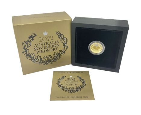 Queen Elizabeth II Australia 2022 gold proof fifty dollar 'Australian Sovereign Piedfort' coin, cased with certificate 