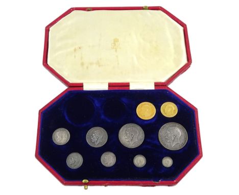 King George V 1911 proof short coin set, comprising gold half sovereign and sovereign, silver maundy money set, sixpence, shi