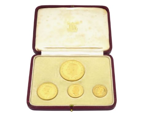 King George VI 1937 gold proof four coin set, comprising half sovereign, sovereign, two pounds and five pounds, in Royal Mint