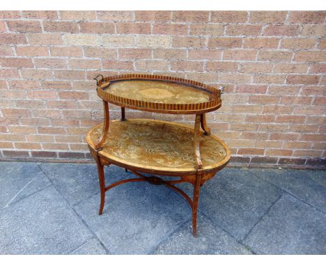 AN EDWARDIAN MAHOGANY GRADUATED TWO TIER ETAGERE,  with allover foliate marquetry and penwork decoration, applied with ivorin