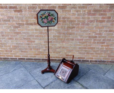 A MAHOGANY POLE SCREEN,  with floral tapestry panel, on tripod base 142cm high, together with a carved mahogany coal box with
