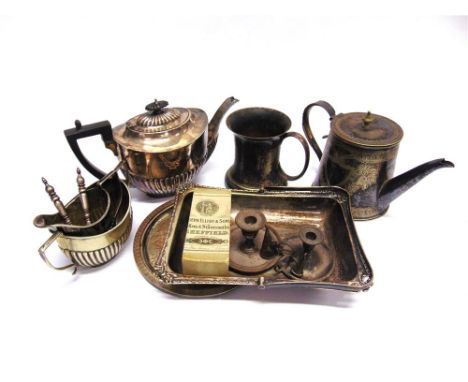 A COLLECTION OF ASSORTED PLATED WARES including a three piece tea service; a late Victorian teapot and a mug presented at the