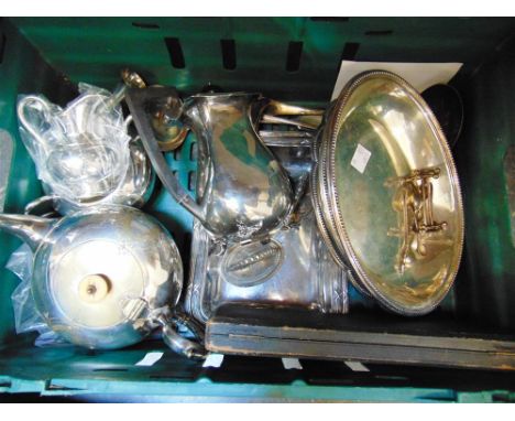 A QUANTITY OF PLATED WARES including; entree dishes; a three piece tea service; and some flatware items