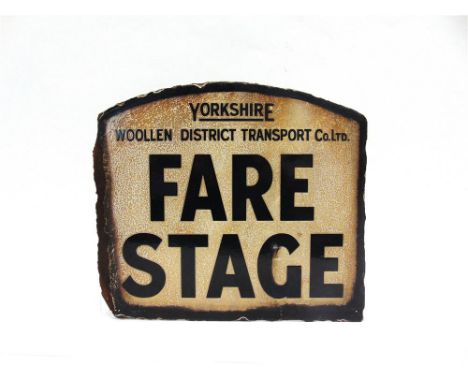 A YORKSHIRE WOOLLEN DISTRICT TRANSPORT CO. DOUBLE-SIDED 'FARE STAGE' ENAMEL BUS STOP SIGN with black lettering against an off