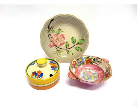A CLARICE CLIFF 'BIZARRE' PRESERVE DISH,  painted in the crocus pattern, printed marks to base, 10.5cm diameter 7cm high; a S