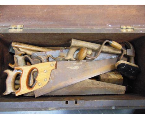 ASSORTED TOOLS including chisels, saws, and various hammers, contained in a wooden tool box and a small tin.