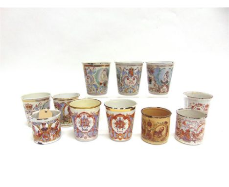EIGHT ROYAL COMMEMORATIVE ENAMEL BEAKERS for the 1897 Victoria Diamond Jubilee (4), Edward VII Coronation (3), and George V C