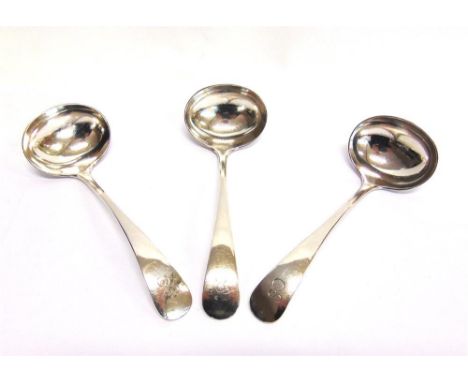 A SET OF THREE SILVER SAUCE LADLES by William Hutton & Sons Ltd, Sheffield 1916, Old English pattern, monogrammed 'E', 17cm l