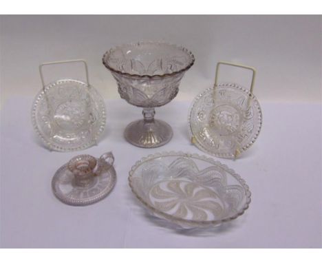 A COLLECTION OF VICTORIAN PRESSED GLASS including two 'Gladstone for the Million' saucers 13cm diameter by Henry Greener, Sun