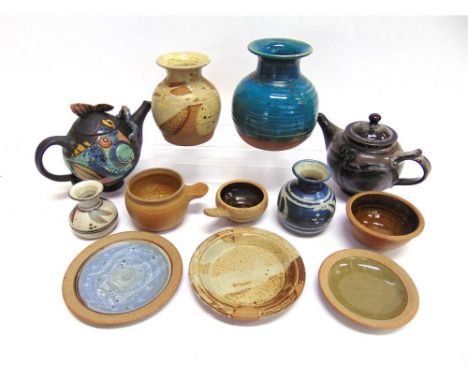 A COLLECTION OF ASSORTED STUDIO POTTERY  including small Leach pottery handled bowl 13.5cm long including handle, Aller potte