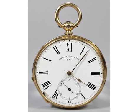 18ct gold 19th century open faced keyless lever pocket watch, the movement marked Thomas Russel &amp; Sons 'Machine Made Leve