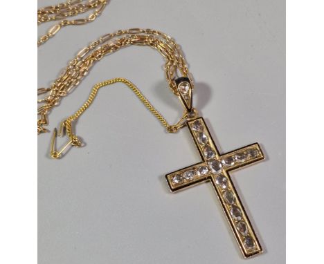 Victorian yellow metal diamond and black enamel crucifix cross pendant, having a collection of seventeen rose cut diamonds on