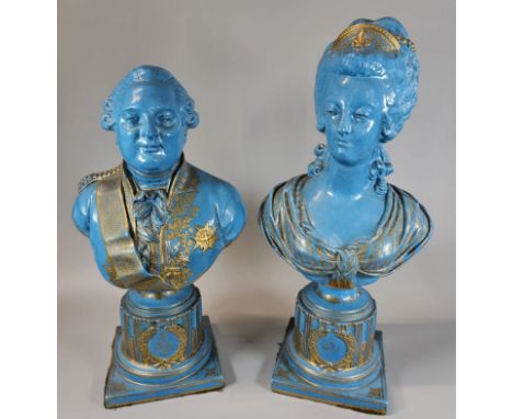 Pair of 19th century Sevres style turquoise blue (Bleu de Roi) portrait busts of Louis XVI and Marie Antoinette, overall with