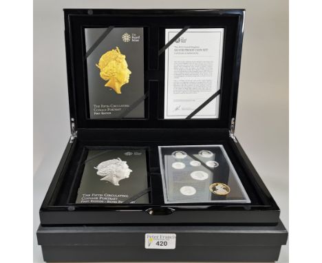 The Royal Mint 2015 UK silver proof coin set, the Fifth Circulating Coinage Portrait First Edition. In original box with COA 