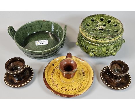 Collection of Ewenny Pottery items to include: Claypits butter dish marked 'Y Menyn Pur', taper stick dated 1929 with label f