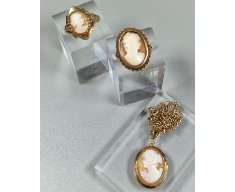 9ct gold cameo portrait ring. 3g approx. Size P. Together with another yellow metal unmarked cameo portrait ring. 4.4g approx