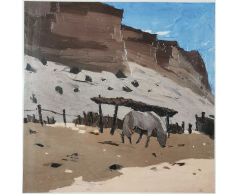 After Sir John Kyffin Williams, RA, KBE (Welsh 1918-2006), 'Lle Cul', Patagonia Landscape with cliff face and pony, limited e