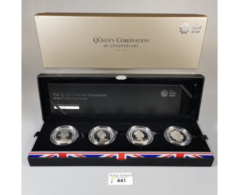 The Royal Mint 'The Queen's Coronation 60th Anniversary 1953-2013' £5 silver Piedfort Portrait Collection four coin set. In o