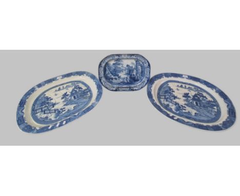 Two similar 19th century blue and white transfer printed Staffordshire Pottery Blue Willow pattern in traditional Chinese lan