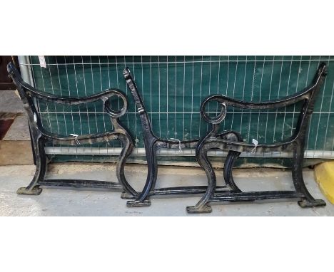 Set of 19th century cast iron bench supports, to include two scroll armed end sections and a centre back and two legged suppo