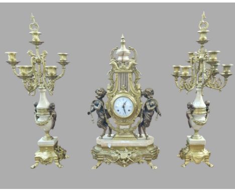 Impressive French style gilt metal figure mounted clock garniture, the clock with white enamel Roman face, having case surmou