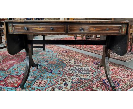 Regency mahogany and satinwood strung inlay and cross banded sofa table, hand-painted with flowers, foliage, urns and musical