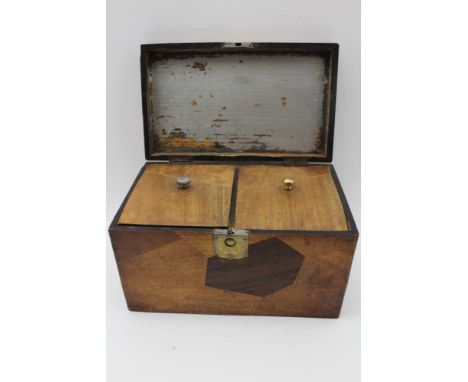An early 20th century Japanese mixed wood tea caddy, with traditional two lidded compartment interior,13.5cm x 22.5cm 