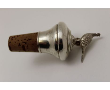 A.J. Poole, A modern silver mounted cork wine bottle stopper, cast with pheasant finial, Birmingham, 9cm high overall 