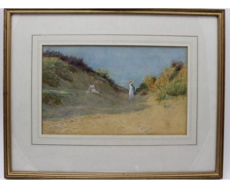 Kirk (believed Mrs C.) fl: 1905-39 'Sand dunes Summer' (featuring two ladies in white) watercolour painting, signed Kirk and 