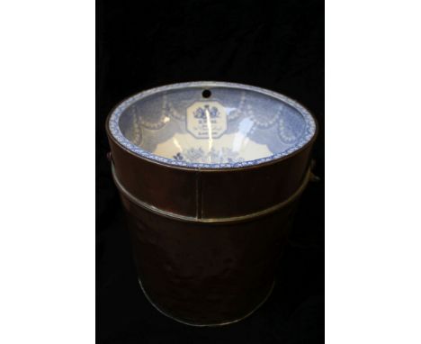 A Victorian copper and transfer printed pottery commode, patent design by 'R.Wiss, Charring Cross, London' with ivory swing h