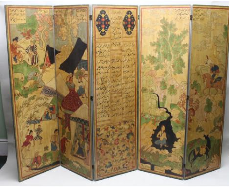 A probably Persian or North Indian hand-painted five panelled decorative room screen with various panels of script, the rever