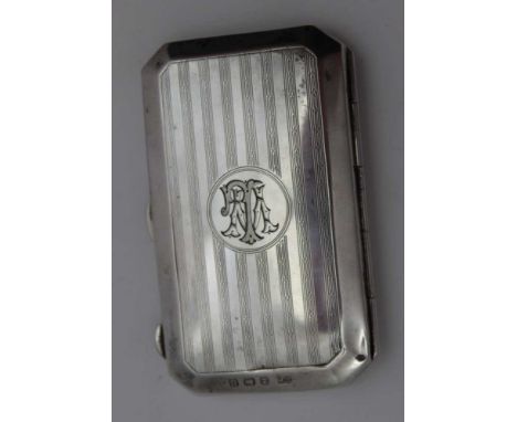 Robert Pringle &amp; Sons, a silver card case, engine turned, monogrammed, leather lined with card pockets, 8.5cm x 5.5cm, Bi