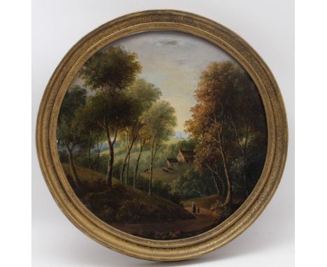 19th Century Naive School 'Extensive Rural Landscape' tondo (figures on a path in the foreground, farm with cattle in the mid
