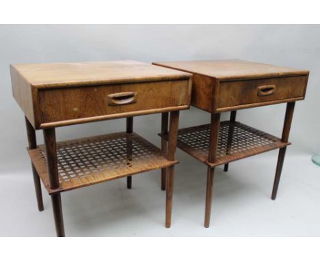 A pair of Danish mid-century lamp tables by 'Hofmeyr and Olsen', of plain rectangular form fitted with a single drawer on cyl