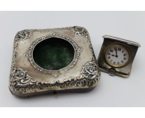 An Edwardian silver mounted pocket watch holder, having easel stand back, 11cm x 10cm, Birmingham 1908, together with a silve